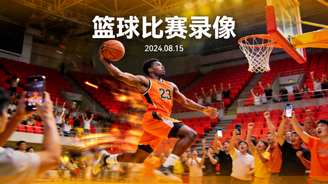 篮球比赛录像封面图，球员突破上篮动作与观众席背景